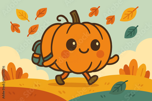 Cute cartoon pumpkin character with a backpack happily walking among falling autumn leaves, playful seasonal illustration perfect for kids’ designs, back-to-school themes, Halloween, and Thanksgiving 