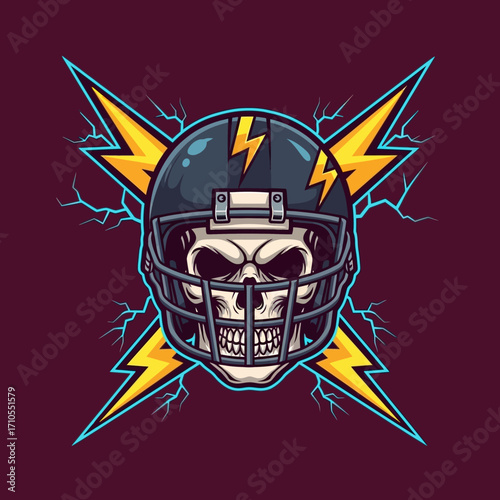 Football skull mascot with helmet and crossed lightning bolts illustration