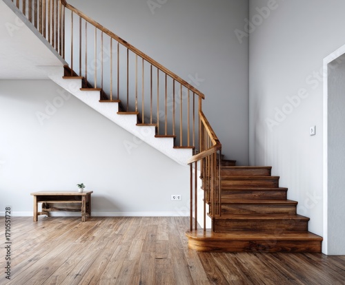 A stylish  modern wooden staircase with a light gray wall creates a calming  elegant interior.