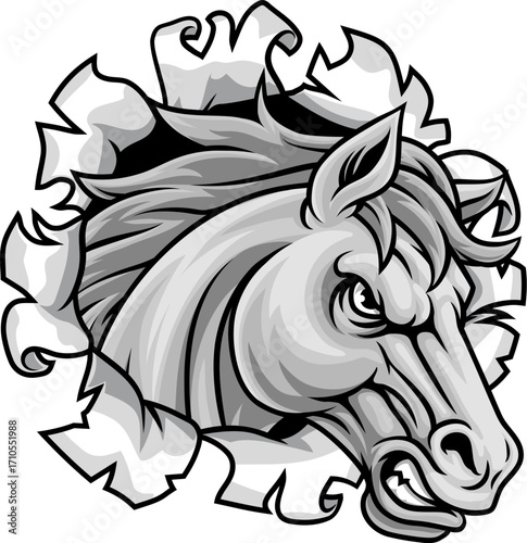 Horse mustang bronco stallion angry mean tough sports team mascot cartoon character design.