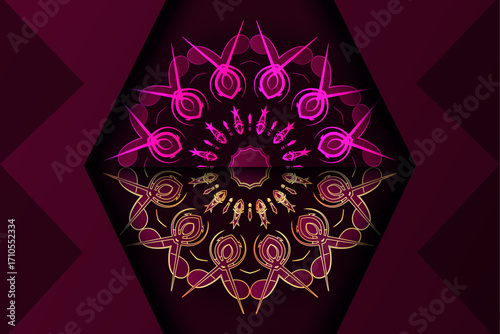 Elegant golden flower mandala with radiant purple magenta circular symmetrical pattern