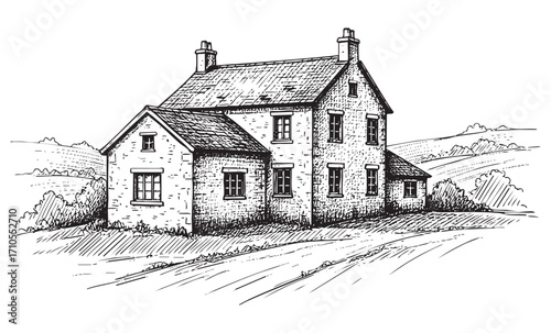 Rural Cottage or Farmhouse Hand-Drawn Sketch