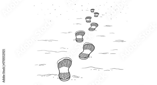 Footprints in snow leading into distance line art illustration