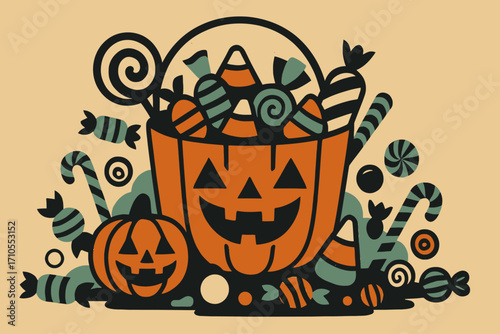 Festive Halloween illustration of a pumpkin candy bucket filled with sweets, featuring candy corn, lollipops, and striped treats, perfect for seasonal posters, party invitations, and holiday merchandi
