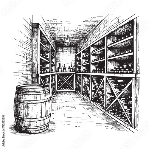 Wine Cellar with Barrels and Bottles Hand-Drawn Sketch