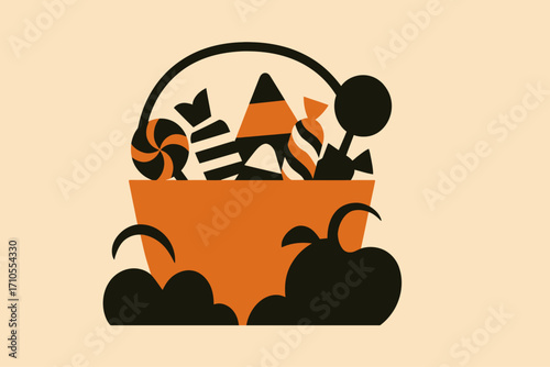 Festive Halloween illustration of a pumpkin candy bucket filled with sweets, featuring candy corn, lollipops, and striped treats, perfect for seasonal posters, party invitations, and holiday merchandi