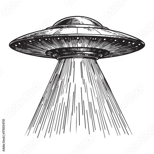 UFO with a Light Beam Hand-Drawn Illustration