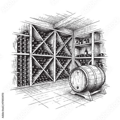 Wine Cellar with Barrels and Bottles Hand-Drawn Sketch