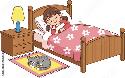 Sleeping child in bed, cozy bedroom, pink blanket, night lamp, striped cat, peaceful sleep, bedtime routine, cartoon, illustration, comfort