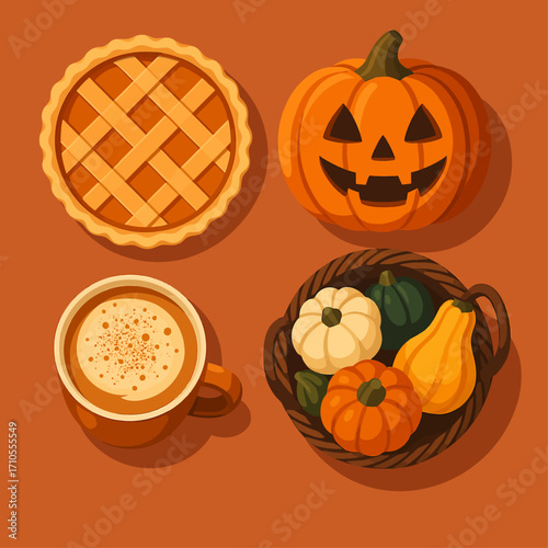 Flat lay illustration of autumn harvest elements including pumpkin pie, jack-o’-lantern, seasonal gourds, and a pumpkin spice latte, festive fall design perfect for Thanksgiving, Halloween, and season