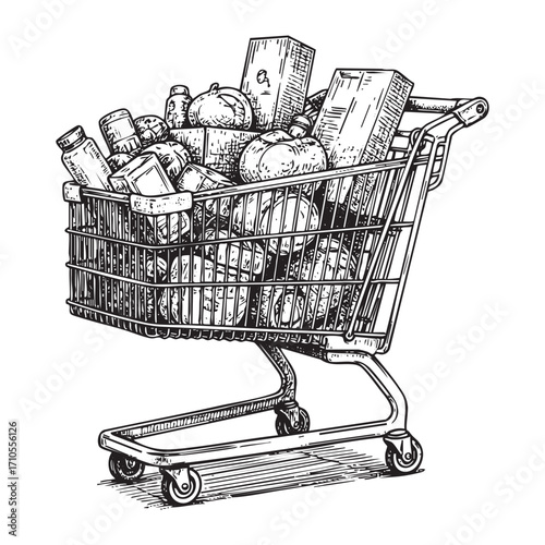 Hand-Drawn Shopping Cart Filled with Groceries