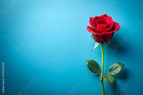 Single red rose with green leaves on a textured blue background