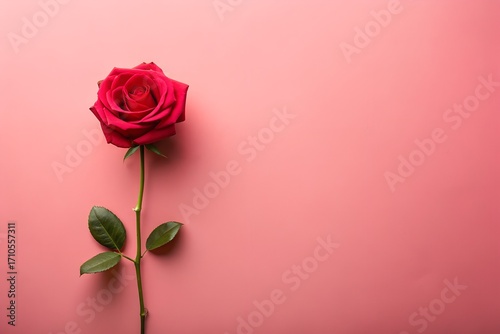 Single red rose with green leaves on a soft pink background
