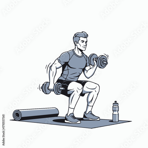 Athletic man engaged in a strength training workout, lifting dumbbells while performing squats on an exercise mat during a home fitness session