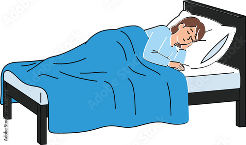 Cartoon illustration of a person peacefully sleeping in bed with blue blanket and pillow, relaxing rest night concept, vector design clipart