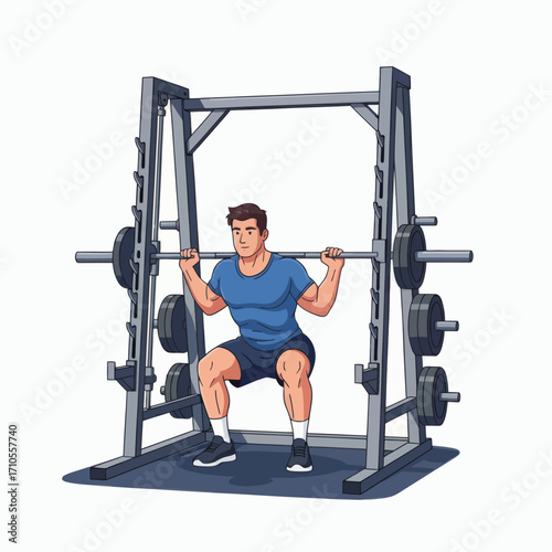 Male Athlete Squatting in Gym Environment, Fitness Illustration, Strength Training Focus