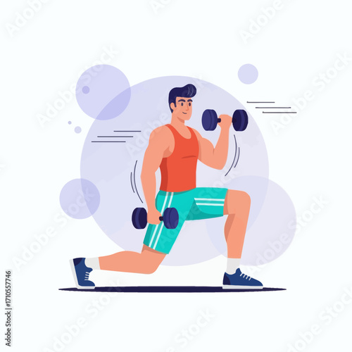 Dynamic Fitness Training, Weightlifting, Gym, Illustration, Modern Lifestyle, Side View, Strength and Conditioning
