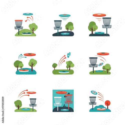 Disc Golf Course Icons with Baskets Discs and Trees Illustration.