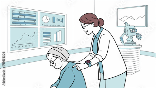 Elder Care Tech Specialist Assisting Senior with Futuristic Smart Health Devices in Digital  Room