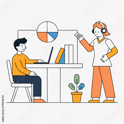 Vector Illustration Coworkers Collaborating in Office