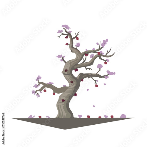 Stylized flowering tree with pink and red blossoms isolated on white background