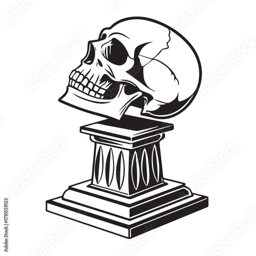 A black and white illustration of a human skull resting on a pedestal, isolated on white background