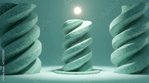Abstract Twisted Stone Columns Under Bright Light in Teal Background