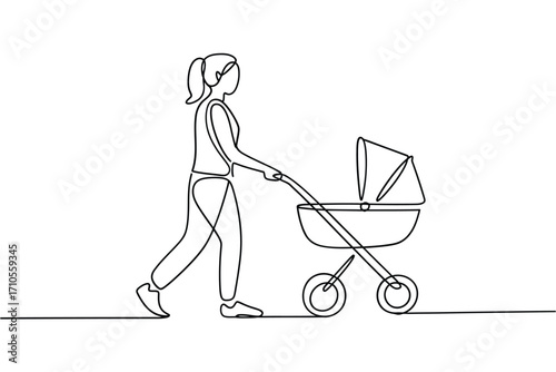 Single line drawing of a person pushing a baby stroller