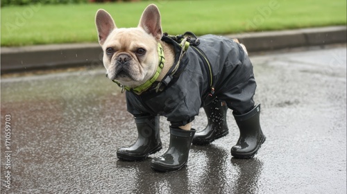 Fototapeta Naklejka Na Ścianę i Meble -  French bulldog in raincoat and boots standing on wet pavement