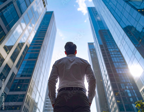 Joven empresario de espaldas mirando al horizonte en la ciudad moderna en plano contrapicado representando éxito profesional emprendimiento liderazgo visión de futuro motivación y crecimiento laboral