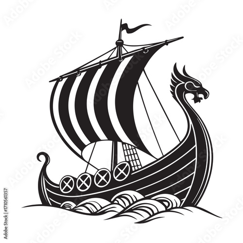 A black and white illustration of a viking longship with a dragon head prow sailing on wavy water, featuring striped sails and shields along the side