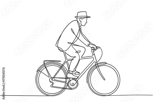 Line drawing of a man in a hat riding a bicycle