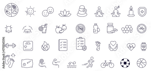Healthy lifestyle and wellness icons set: fitness, gym, nutrition, healthy food, mindfulness, sleep, yoga, meditation, skincare, immune, supplement, walking, running, soccer, basketball