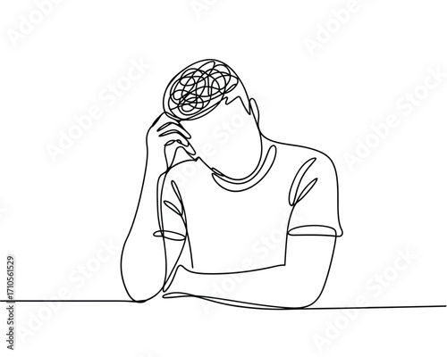 Line art of a person deep in thought with visible brain