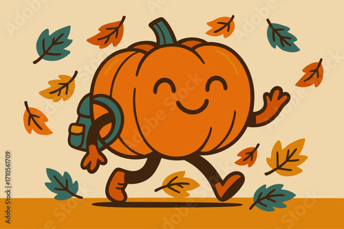 Cute cartoon pumpkin character with a backpack happily walking among falling autumn leaves, playful seasonal illustration perfect for kids’ designs, back-to-school themes, Halloween, and Thanksgiving 