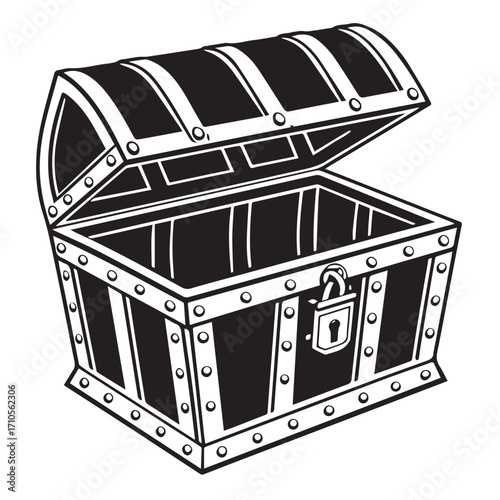An open treasure chest with a lock, isolated on white background