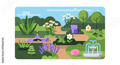 A serene garden scene with a person meditating, a laptop, and a fountain.