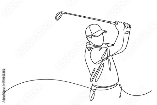 Golfer swinging a club in a minimalist line drawing style
