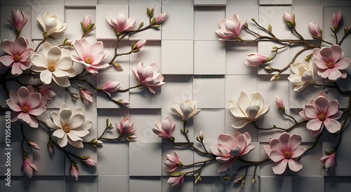 Elegant 3D floral wallpaper design featuring delicate pink and white magnolia blossoms on branches against a textured geometric tile background.