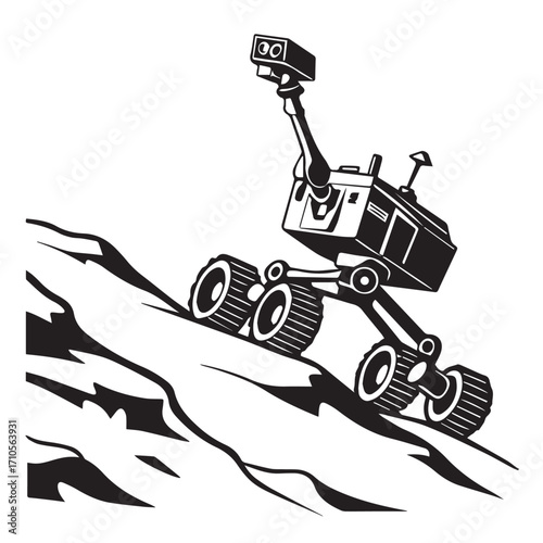Black and white illustration of a mars rover climbing a rocky, uneven surface, conveying exploration and technology