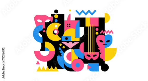Abstract geometric composition with carnival masks and vibrant colors.