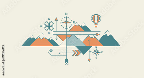 Abstract Mountain Landscape with Travel Elements.