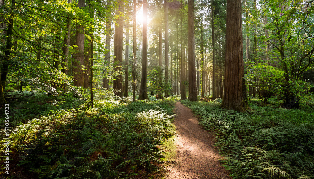 Fototapeta premium Serene Path Through Lush Green Forest With Tall Trees And Sunlight