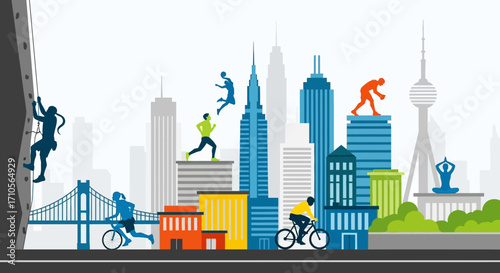 Active people exercising with an urban city skyline.