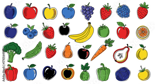 Illustration featuring a colorful assortment of fruits and vegetables