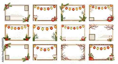Collection of twelve square frames decorated with japanese new year theme