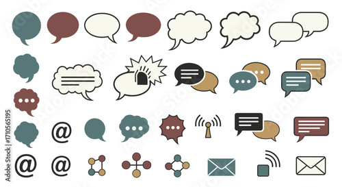 Illustration of various speech bubbles and communication related icons