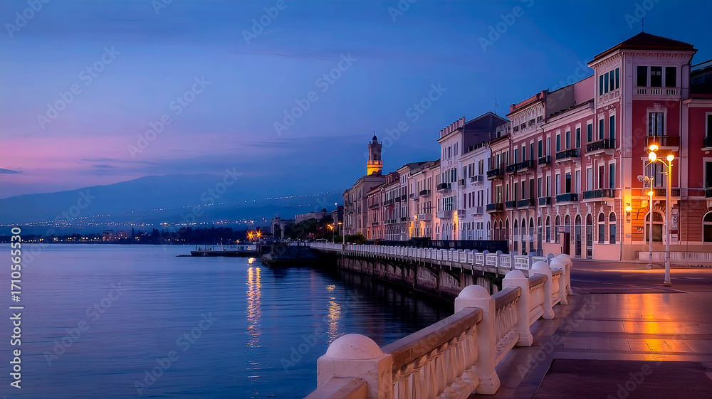 Fototapeta premium Reggio Calabria: Evening Glow on the Strait