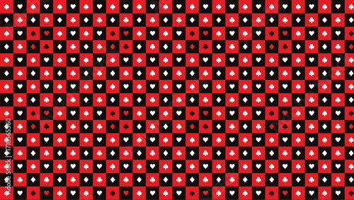 Red and black checkerboard pattern with card suits for casino theme background and wallpaper