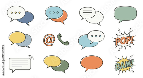 Collection of speech bubbles and communication icons on a white background